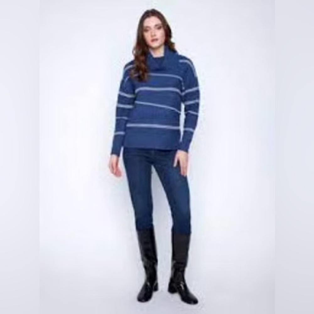 Coco Y Club Sailor Blue White Striped Knit Nautical Cowl Neck Sailor Sweater Top